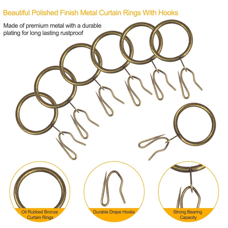 Wision 40 Pcs Metal Curtain Drapery Rings Curtain Rod Rings and 40 Pcs Metal Curtain Drapery Hooks Drapery Pins  30 mm Internal Diameter Decorative Curtain Hanging Rings for Curtain & Rods (Green Bronze) - Image 2